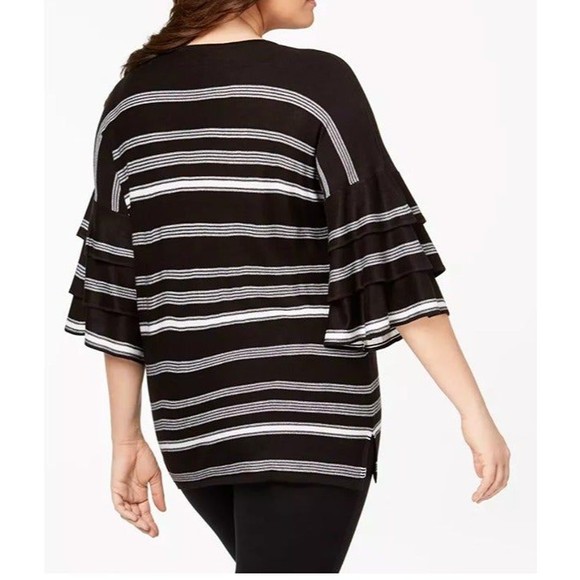 Calvin Klein Black & White Stripe Ruffled Bell Sleeve Scoop Neck Tunic Sweater - Picture 7 of 12